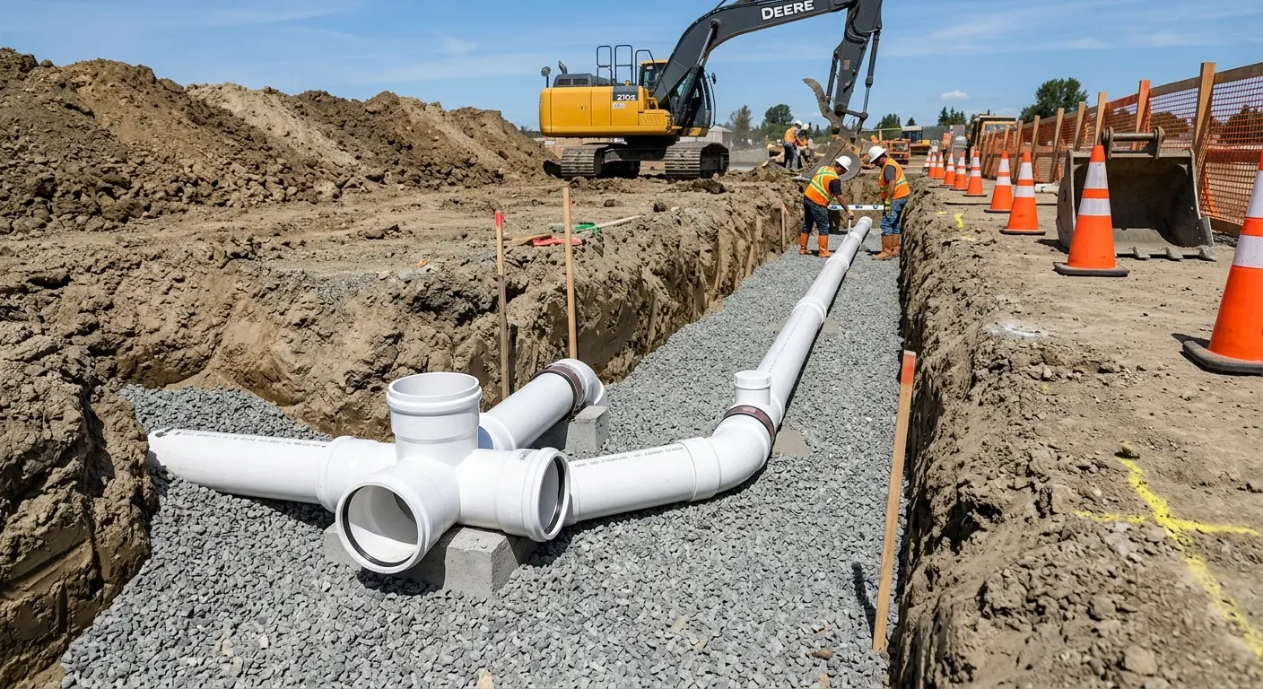 New PVC sewer pipe installation in open trench for Commercial Drain Cleaning in Waxahachie