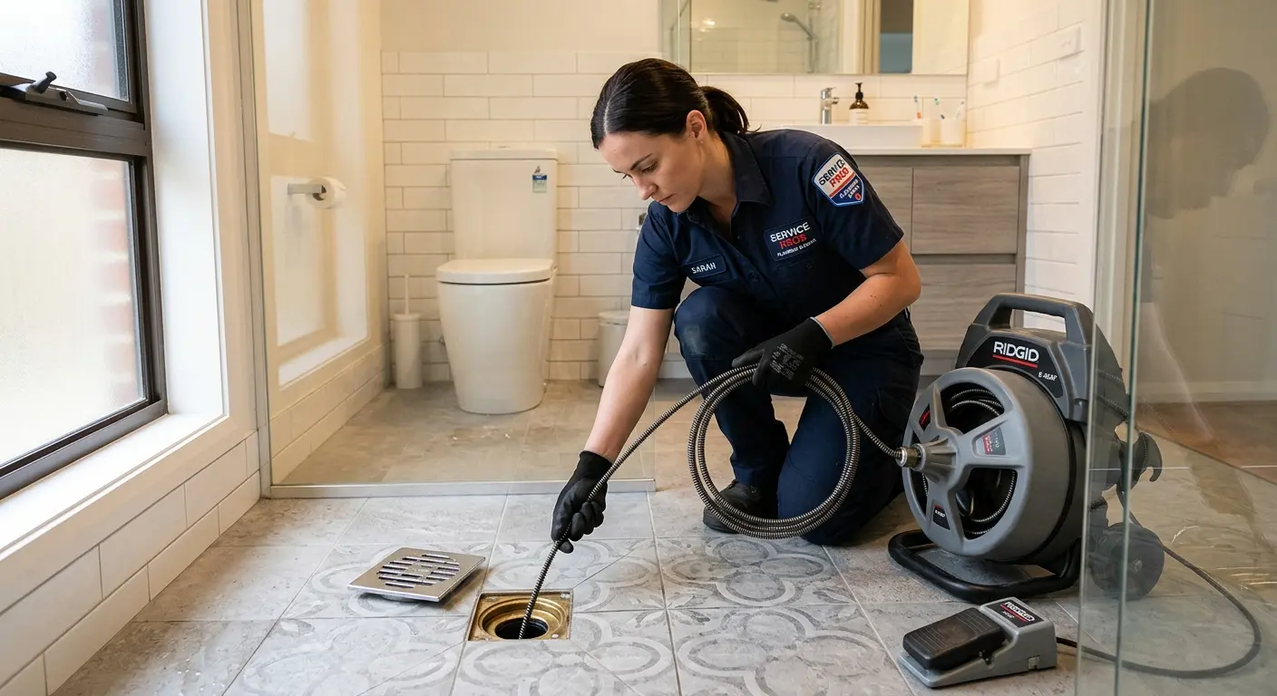 Technician clearing a bathroom floor drain for Clogged Drain Repair in Waxahachie